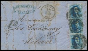 1860 N° 11A (3x) on letter with contents, cancelled P.4-Anvers, dated 3 December 1860, to Milan (Italy), 