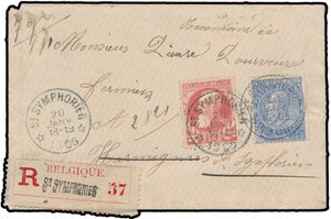1906 Gemengde frankering Fijne en Grove baard. N° 60 en 74 op aangetekende brief, vanuit St. Symphorien, dd. 20 januari 1906, naar Harmignies, meerdere poststempels op de keerzijde van Harmignies (21 en 22 januari), Mons arrivee (22 januari) en Mons (Station) valeurs (20 en 22 januari), manuscript 