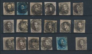 Mooie samenstelling 'Ongetande medaillons' 10 cent. bruin (16x) en 20 cent. blauw (2x), alle met distributiestempel w.o. Ruysselede, Evergem, Staden, Somergem, Capellen, zm/m/ntz.