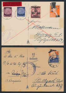 2 Feldpostkarten Propaganda (1x SS-Karte) Churchill und Chamberlain, beide aus Polen gesandt, einwandfrei.