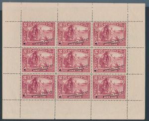 N° 146 '2fr. carmine' colour proof in full sheetlet of 9 with overprint 'Waterlow & Sons LTD Specimen' + perforation, beautiful