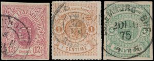 N° 7, 12 en 36A '1859/74 Wapenschild 12 1/2c roze, 1c bruinrood en 4c groen' zm (Yv € 685)