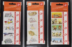 Duostamps: 36 pakketjes van 5 zegels, met diverse onderwerpen + enkele Buzin zegels, zm