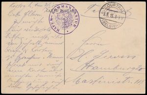 1915 ZK in Feldpost van Courtrai 9.3.15 naar Hamburg met rondstempel 