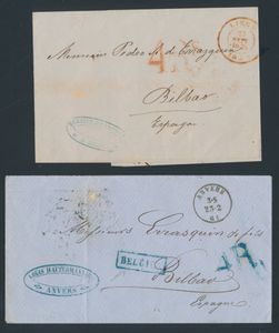 2 Briefe nach Bilbao/Spanien, einer aus Lüttich 27 Sept. 1852 mit 