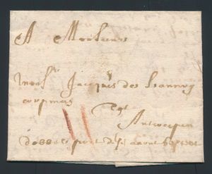 1669 Voorloper met inhoud, vanuit Mechelen, dd. 9 januari 1669, naar Antwerpen, met port 2 stuiver - rode krijtstrepen, zm