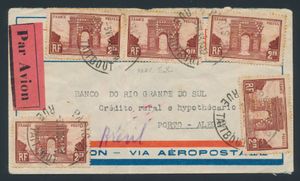 1933 N° 258 (Yv.), 5 ex. on French airmail letter cover (par Avion - via Aeropale), dated 3 June 1933, to Porto Alegre (Brazil) arrival date 11 June 1933. Perfo of 