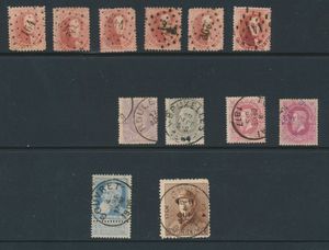 Nr. 16 (6x - PT 164, PT243, PT292, ...), 34 (2x) mit schöner Farbe, 35, 36, 76 (Abstempelung Souvret) und 174 (Gent 3C), einwandfrei/zu kontrollieren