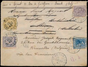 1887 Nos 48 et 50, de Bruxelles le 12 janvier 1887, via Brindisi (Italie), à destination de Sydney. Reçu le 18 février 87, la lettre a continué à voyager autour de l'Australie/Sydney pendant un certain temps, puis changement d'adresse au recto, avec cachet de départ 12 juillet 87 (St. Leonard - New South Wales - arrivée à Bruxelles 1 le 26 août 1887, manuscrit via San Francisco au recto de la lettre (peut-être cachet au verso - peu lisible), réexpédition spectaculaire, tb.