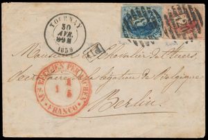 N° 11A and 12A (both slightly incised), on cover, cancelled P.120-Tournai (8-bars), dated 20 April 1859, to Berlin (Germany), nice cancellation on front 