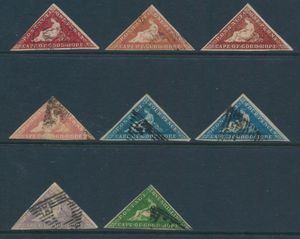1855/1864 Beautiful accumulation of Cape triangles with various shades of 1d. (4 items, including one item uncancelled), 