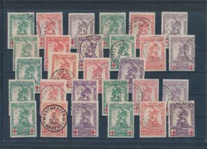 1914, n° 126/34, samenstelling van de 3 reeksen waarbij variëteiten, vervalsingen, herdrukken, 132/34 gest. (9x), zm/m/ntz