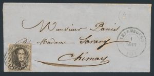 N° 6, (met 2 geburen) op brief met D.24 Mariembourg 1 aug. 1854, postbusletter AT, naar Chimay, zm (OBP € 17,50 + Coba € 15)
