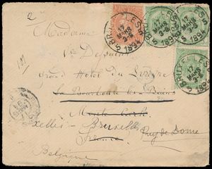 1894 N° 56 (3x) en 57 op omslag met inhoud, vanuit Bruxelles, dd. 17 maart 1894, naar Monte Carlo (Hôtel de Louvre, aankomststempel 19 maart 1894), manuscript op de achterzijde (moeilijk leesbaar - doorgestuurd naar Hôtel Louvre Paris - Manuscript