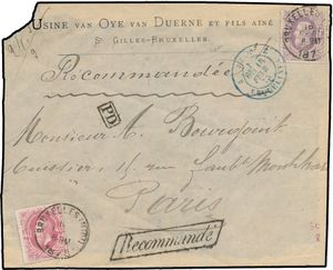 1875 Aangetekende omslag (enkel voorkant), met n° 34 en 36, buitenland (Frankrijk), in de derde gewichtsklasse (manuscript 