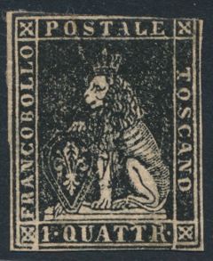 Nr. 10 'Marzocco 1 quattr. schwarz' mit Originalgummi, oben eingeschnitten mit Fotoattest Carraro (Yv. Nr. 10), m (Sass. €3.200)