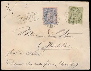 1890 N° 47 en N° 48, op waardebrief voor 'Contenant sixc. francs / 600 fr.', vanuit Bruxelles(LUX.) naar Ghistelles, dd. 19 Juli 1890. Met rode lakstempels (5 stuks). Totale frankering is 45c.. Ontvangststempel op keerzijde van Bruxelles 3 en Ghistelles.  Port : 10c., aantekenrecht 25c., Verzekeringsrecht 10c. (per 1000 frank : 10c.), totaal van 45c., zm