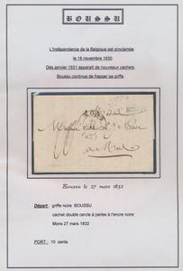 1832 Voorloper met inhoud, vanuit Boussu, zwarte naamstempel, tesamen met type 13 van Mons in zwart, deze combinatie is niet vermeld in de cataloog van Herlant, dd. 27 maart 1832, port van 