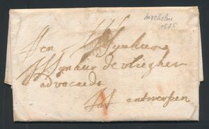 1675 Voorloper met inhoud, vanuit Mechelen, dd. 24 december 1675, naar Antwerpen, met port 1 stuiver - rode krijtstreep, zm