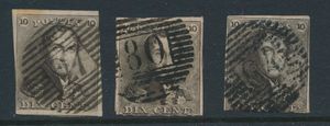 N° 1 '10 cent. bruin' (3x), afst. P.27 Chimay, P.64 Jemeppe en P.80 Marchienne au Pont, mooie stempels, m/ntz (OBP € 270 + Coba € 95)