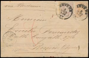 1876 N° 28 en 36, op brief zonder inhoud, vanuit Anvers, dd. 3 maart 1876, naar Buenos Aires, met routebepaling 