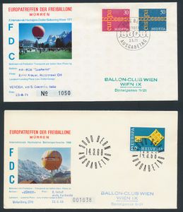 Ballonpost, Europatreffen Mürren (1965/71) naar Ballon-Club Wien, 8 verschillende met Europa zegels diverse landen, zm