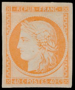 N° 5g '1862, 40c oranje réimpression' met deel van gom en enkele dunne puntjes, mooi aspect, ntz (Yv € 850)