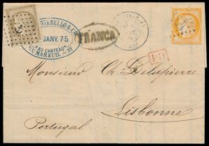 1875, brief van Mareuil s/ Ay naar Lissabon, gefrankeerd met Yv N° 38 en 56 (met stempel anker), zm.
