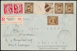 PUc 68 (combinaison B), KP14, sur enveloppe recommandée af. Bruxelles-Brussels, dd. 23 X 36, à Zurich (Suisse), tb (OCB €350)