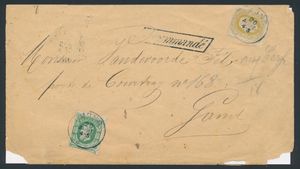 1881 N° 30 en 32, aangetekende zending van Mons (Type T0) naar Gand, met zwarte parallellogram stempel 