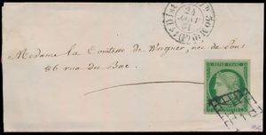 1851, voor- en achterzijde van mooi damesbriefje met luxe Cérès 15c groen, gesigneerd voorzijde, zm (Yv vd zegel € 1.850)