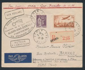 1938 N° 284 and PA 13 (Yv.) , on registered letter envelope with sticker 