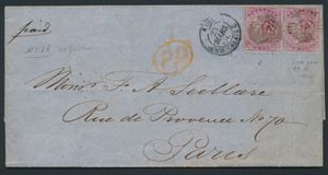 1856, nice full folding letter from London to Paris, franked with 4d carmine on deeply blued paper (2 ex), vf/f (SG catalogue value £ +650)