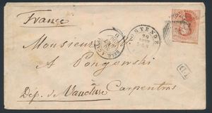 N° 12A '40 cent. carmine' with upper border (but incised on other sides), Dep. P.90 Ostend, to France 29 Aug 1860, PD in black frame with transit stamp Calais, f/to be checked (OBP €120 + Coba €10)