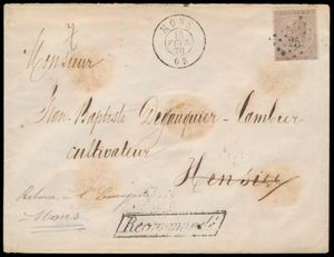 1870 No. 19, envoi recommandé sur enveloppe, de Mons, daté du 15 février 1870, cachet numéral Pt. 252 (Mons), à Hensies, beau cachet de réception de Quievrain et cachet ambulant 