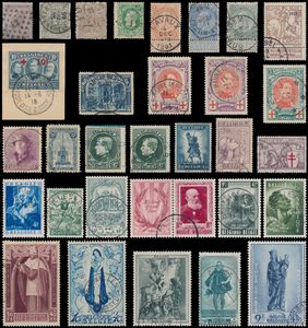 1863/2002 Zeer uitgebreide verzameling in 6 Davo albums, waarbij betere stempels, reeksen, proeven, vervalsingen, o.a. Caritas, 134B, 5 franken (2x), Rode Kruis op fragment, Helm, 164A, Mercier, Grote Orval, Kruis van Lotharingen, Ridder, jaren '50, zm