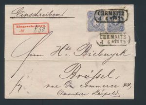 1875 Est n° 2, aangetekende brief zonder inhoud, vanuit Chemnitz (Duitsland), met mooie afstempeling op 4 juni 1875, gefrankeerd met 2 maal 