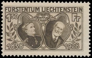 N° 82/89 '1928, 70 jarig jubileum' 2 zegels gekeurd, 1F20, 2F en 5F minimaal spoor van *, zm (Yv € 775)
