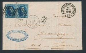N° 11 (2x), on letter from P.80 Sombreffe with departure stamp 'Marchienne au Pont' 29 Juil. 1861, with 'PD' in frame (black) to France, vf (OBP €40 + Coba €25)