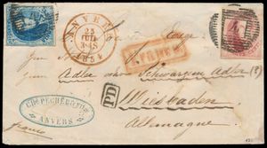 1854 N° 7 (fully margined) and 8 (incised), on letter envelope, cancelled P.4-Anvers, dated 25 July 1854, to Wiesbaden (Germany) with ambulantory stamp (Est N° 3) and frontier stamp Aachen, on front red stamp 
