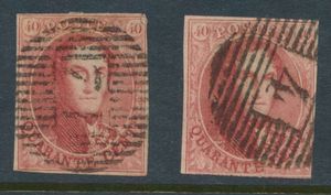 N° 12/12A, 2 exemplaren afstempeling P.4 en D.71, beide met heel kleine gebreken, zeer mooi van uitzicht, m/ntz