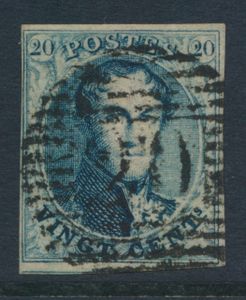 N° 4 '20 cent. blauw' volrandig (met gebuur), afst. P.20 Bouillon, zm (OBP € 70 + Coba € 40)