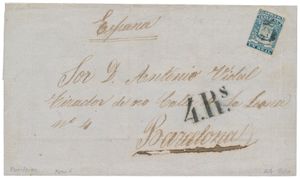 Venezuela : 1859, N° 2 (gesigneerd o.a. Calves) op zeldzame Trans-A,tlantische brief, naar Barcelona, 1° emissie p brief is zeldzaam, zm.