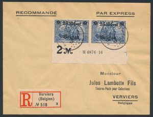 OC 24 '2F50 auf 2 M blau' (im Paar) mit Randinschrift auf eingeschriebenem philatelistischem Brief, einwandfrei.
