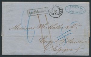 1862 Vorläufer, von Göteborg (Schweden), datiert 30. Mai 1862, nach Engies sur Meuse, Ankunftsstempel Engis, datiert 3. Juni 1862, schöne Stempel auf Vorderseite von Abgang und 