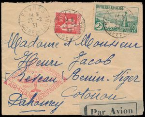1937 N° 283 and 301 (Yv.), on letter envelope, from Esvres, dated 23 February 1937, to Cotonou (Benin), nice red lozenges cancellation of First flight March 1937, vf/f