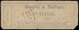 Treinticket van de lijn Haecht-Malines, van de derde klasse, met rechthoekige afstempeling 