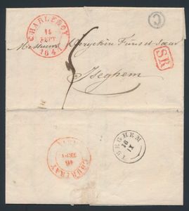 1841 Voorloper met inhoud, vanuit Charleroy, Herlant 38, dd. 14 september 1841, naar Iseghem (ontvangststempel Courtray-type 15 rood en Iseghem-type 18 zwart), mooie stempel rood 