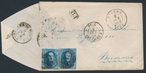 1858 Ambt. Du Midi N° 2, briefomslag, vanuit Anvers, met N° 11A (2x), afstempeling P.4-Anvers, dd. 8 oktober 1858, naar Bordeaux (Frankrijk), meerdere stempels op keerzijde, w.o. een prachtige ambulante stempel van 