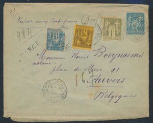 Waardebrief (PWST), 900 francs van Montereau naar Antwerpen 1895, met aan achterzijde lakzegels en langwerpig cachet bijgefrankeerd met type Sage 1fr., 75c. en 15c. (zegel beschadigd), zm/m